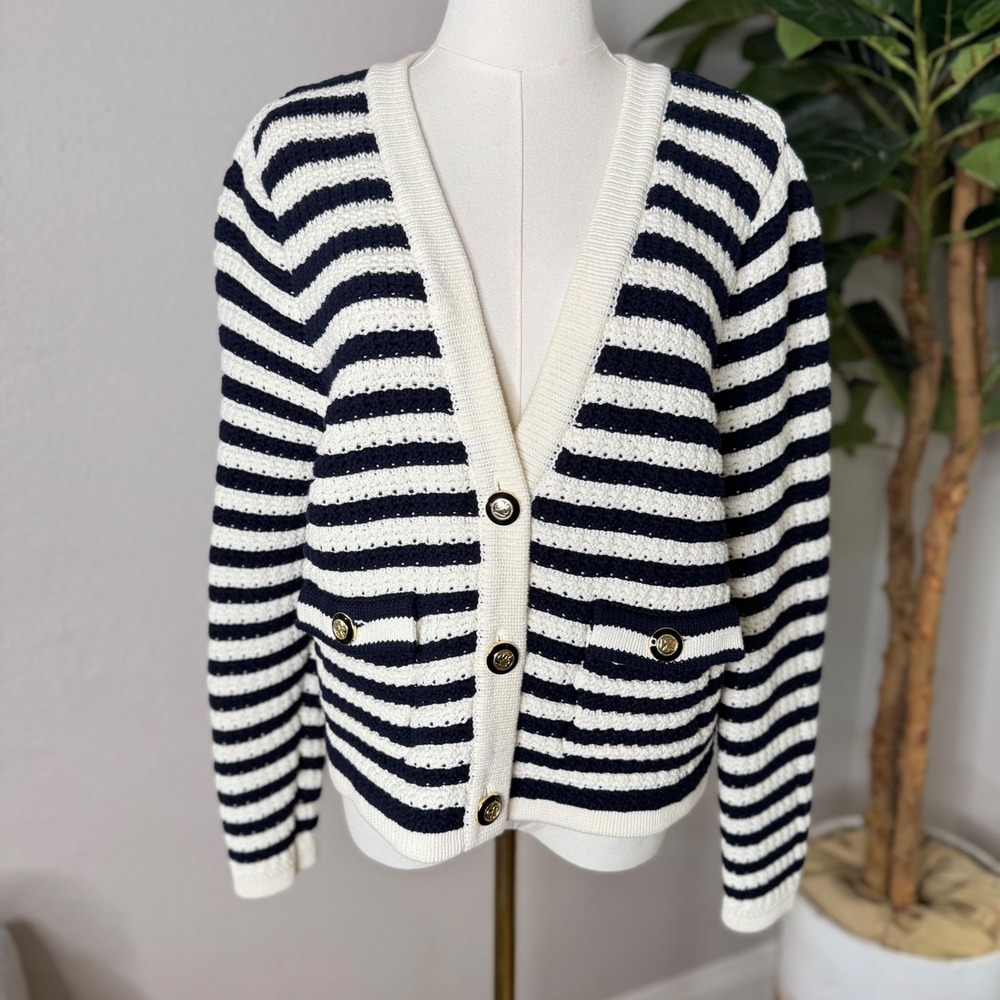 Ba&sh Gamden Navy White Striped Knit Cardigan Sweater Large Stripes Lady Chunky - Picture 4 of 9